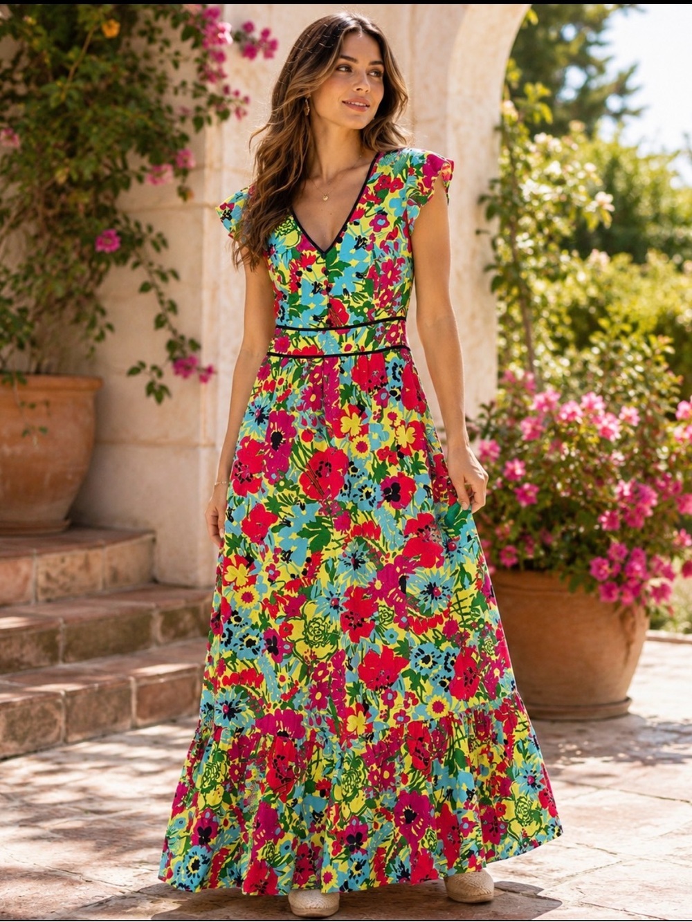 ModCloth Eyes on You Floral Maxi Dress Multicolor Flutter Sleeve NWT M - Picture 1 of 3